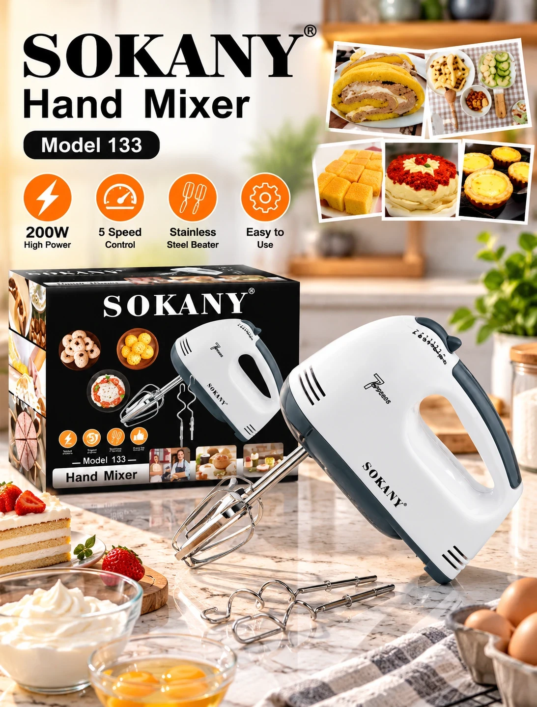 SOKANY Model 133 Electric Hand Mixer – 200W High Power, 5 Speed Control & Stainless Steel Beater